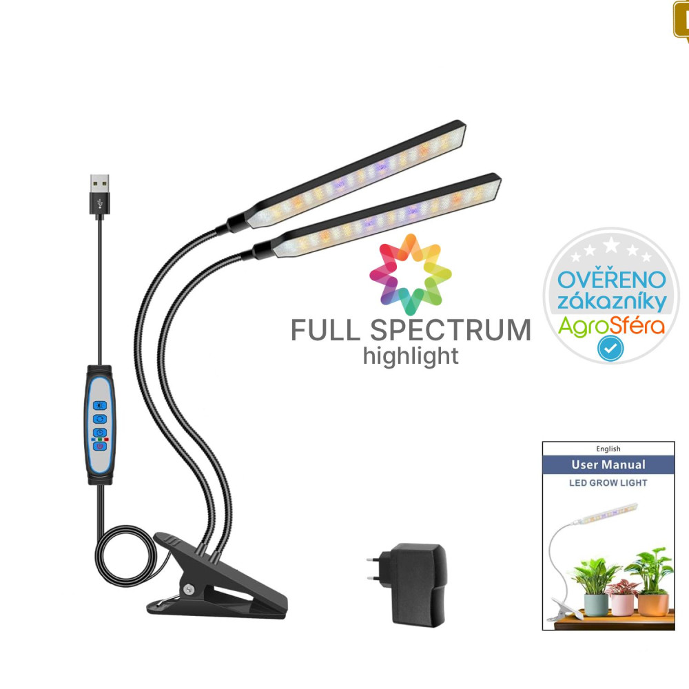 Growlight lampa BL-L20A na rostliny 2 ramena, 2 x 57 COB LED s klipsem, 5 stupňů výkonů osvětlení, 3 režimy