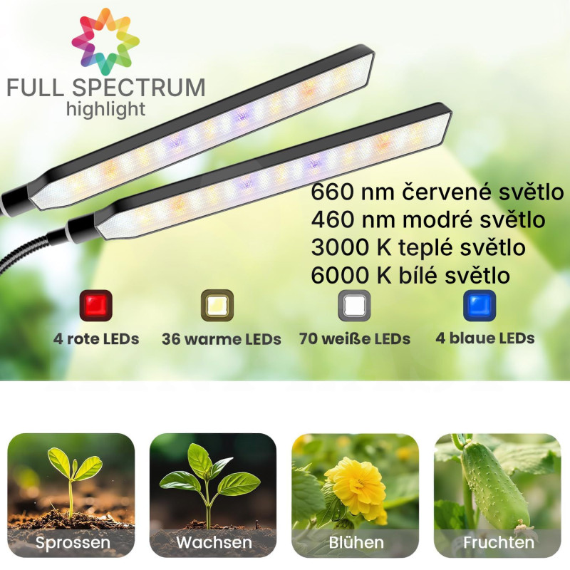 Growlight lampa BL-L20A na rostliny 2 ramena, 2 x 57 COB LED s klipsem, 5 stupňů výkonů osvětlení, 3 režimy