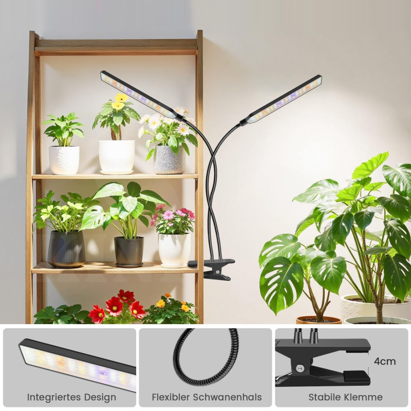Growlight lampa BL-L20A na rostliny 2 ramena, 2 x 57 COB LED s klipsem, 5 stupňů výkonů osvětlení, 3 režimy