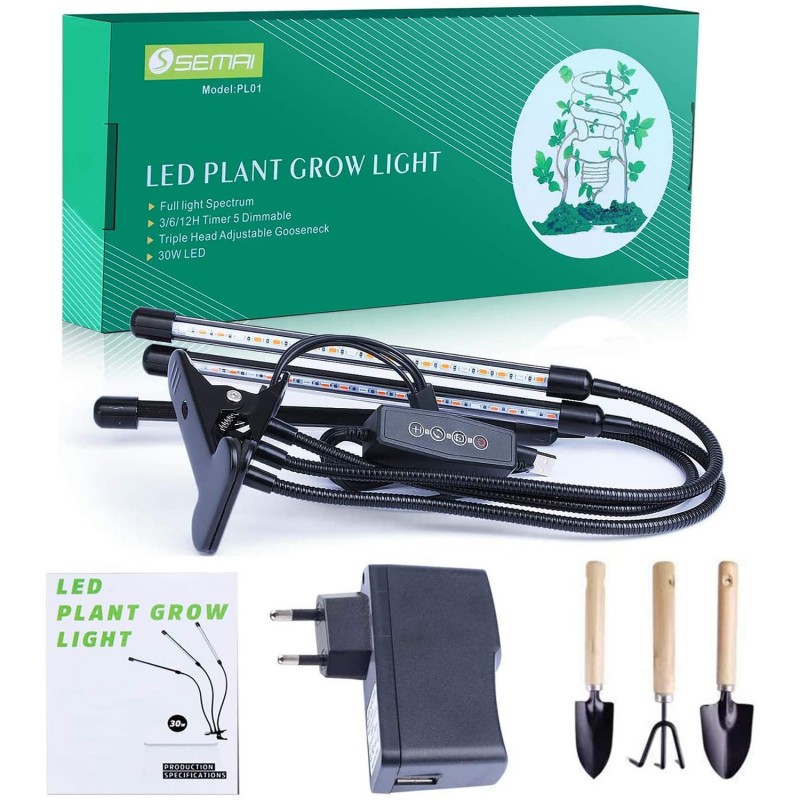 Growlight lampa na rostliny trojitá, 30W LED s klipsem, 6 výkonů osvětlení, 3 režimy