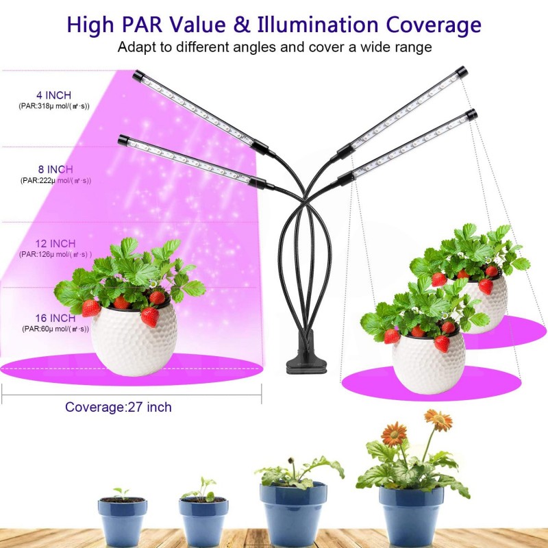 Growlight lampa na rostliny 4 ramena, 80W, 40 COB LED s klipsem, 10 výkonů osvětlení, 3 režimy