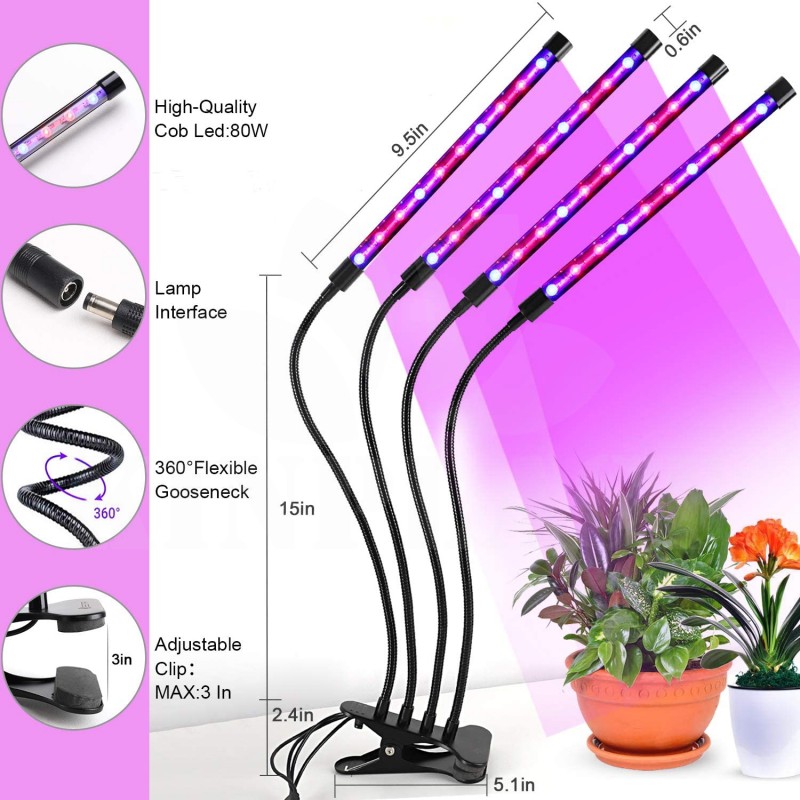 Growlight lampa na rostliny 4 ramena, 80W, 40 COB LED s klipsem, 10 výkonů osvětlení, 3 režimy