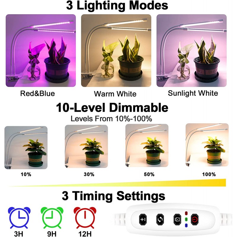 Growlight lampa na rostliny 2 ramena, 96 LED s klipsem, 10 výkonů osvětlení, 3 režimy