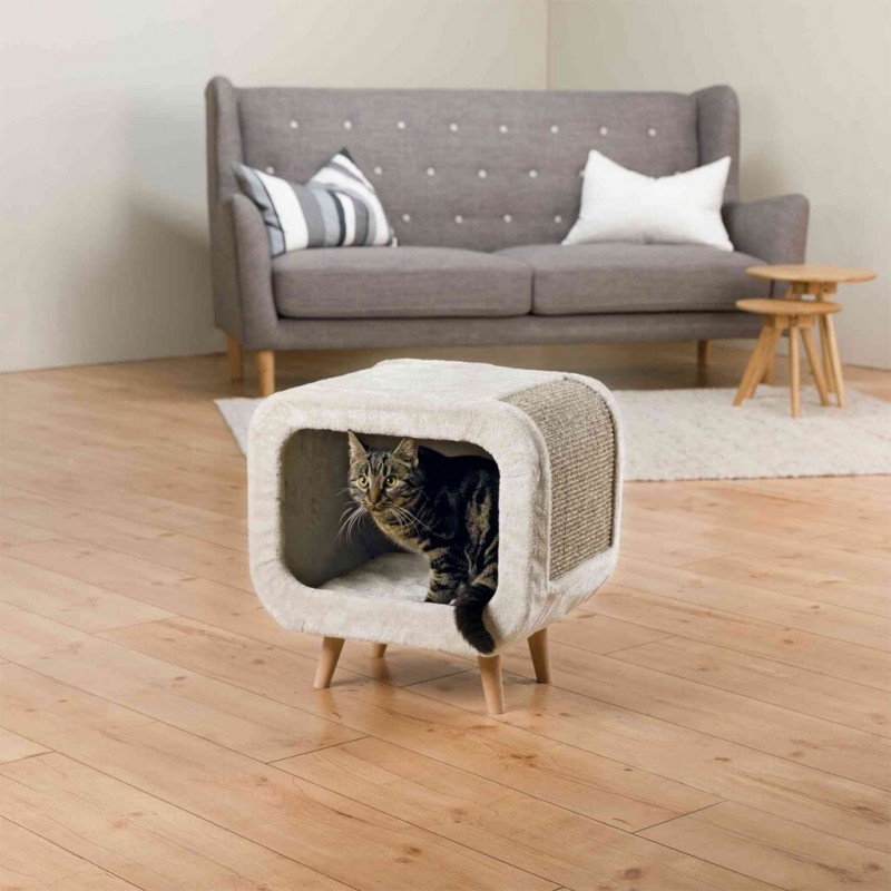 Domeček pro kočku, jeskyně, tkaná textilie 48 x 48 x 38 cm, plyšová jeskyně ALICIA s dřevěnými nohami 