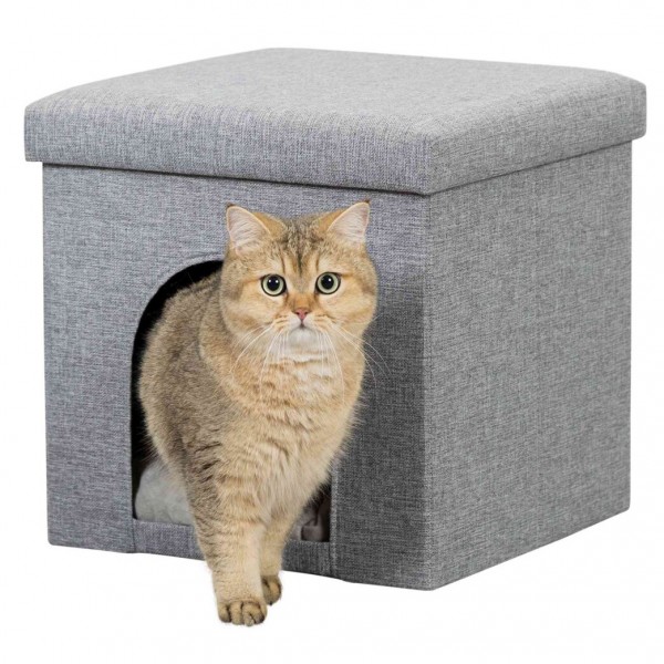 Domeček pro kočku, taburet jeskyně, tkaná textilie 38 x 40 x 38 cm šedý, skládací s víkem, úložným prostorem