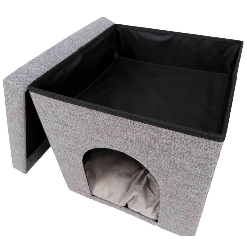 Domeček pro kočku, taburet jeskyně, tkaná textilie 38 x 40 x 38 cm šedý, skládací s víkem, úložným prostorem