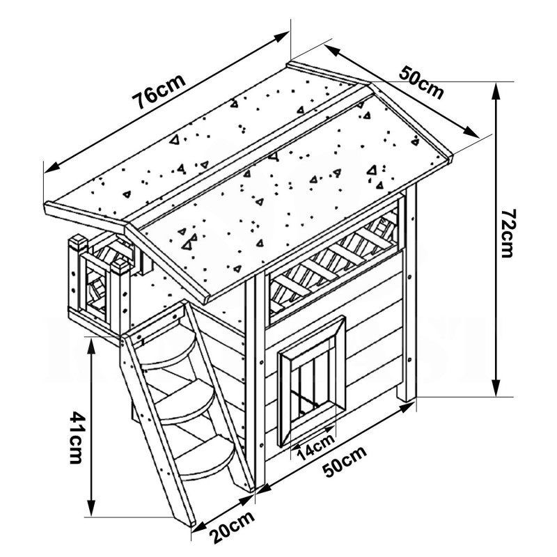 Domeček pro kočku Lodge, 77 x 50 x 73 cm, s terasou, závěsem a schůdky 