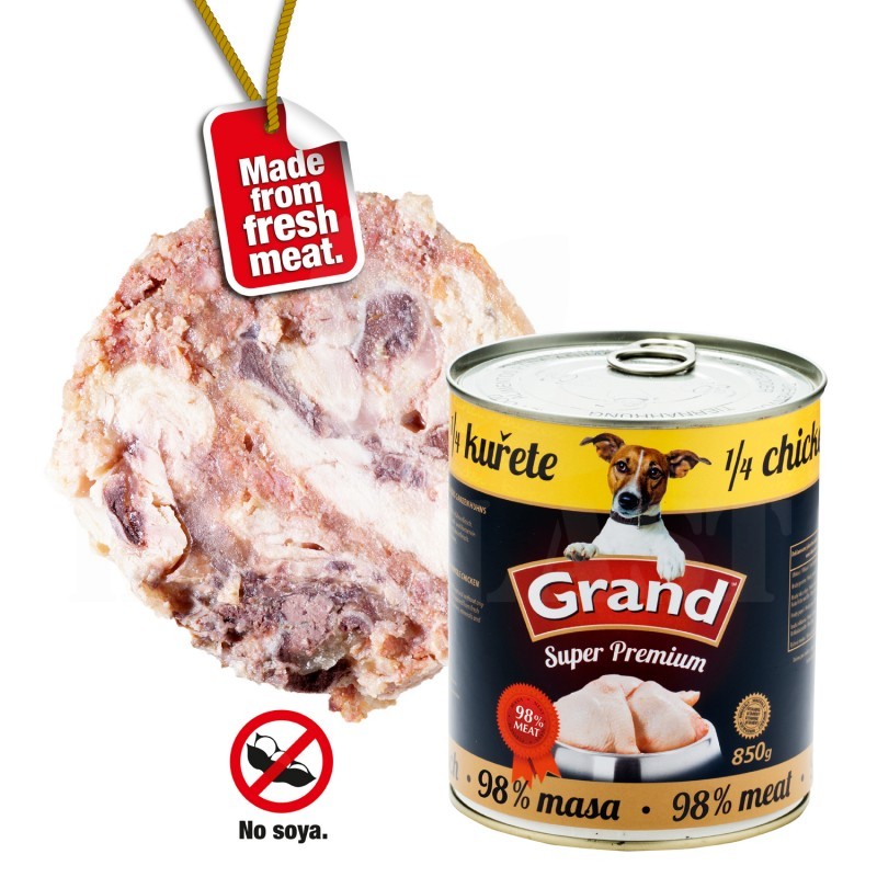 Konzervy pro psy Grand Super Premium 1/4 kuřete 850 g  - 98% masová směs bez použití konzervantů