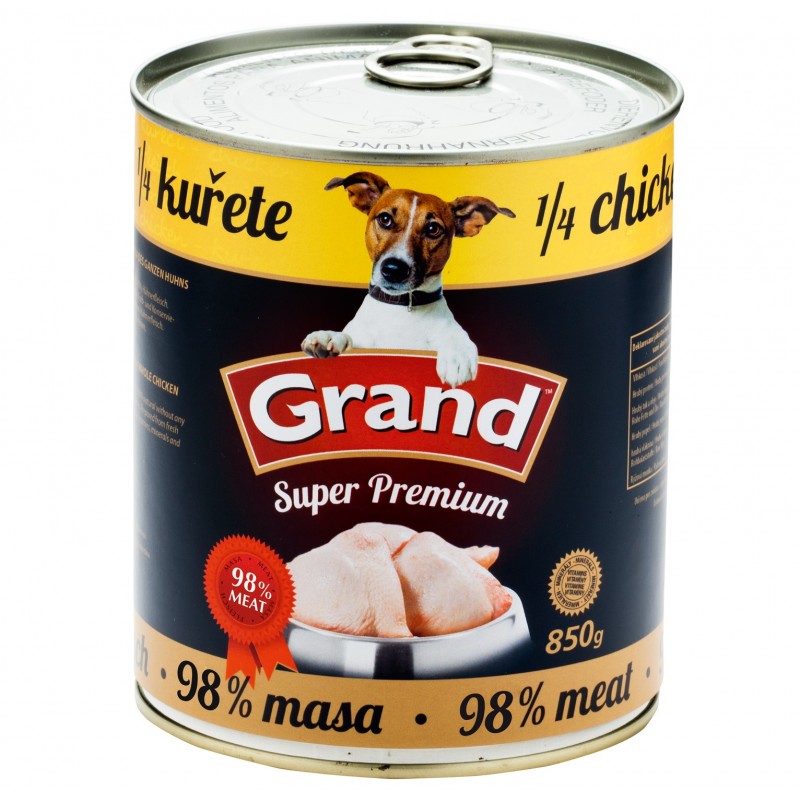 Konzervy pro psy Grand Super Premium 1/4 kuřete 850 g  - 98% masová směs bez použití konzervantů