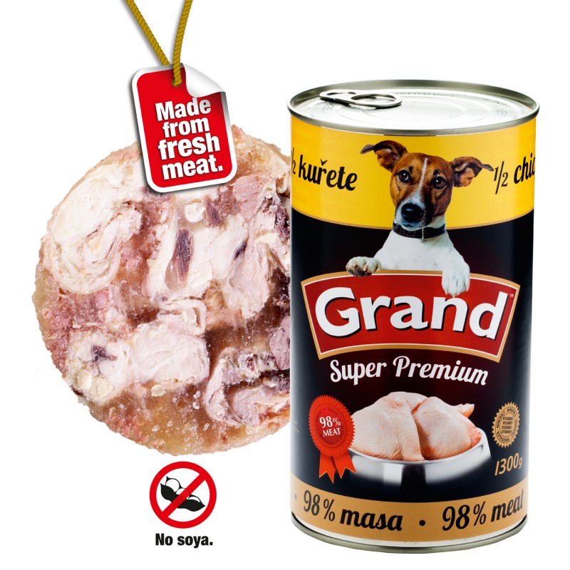 Konzervy pro psy Grand Super Premium 1/2 kuřete - 1300 g  - 98% masová směs  bez použití konzervantů