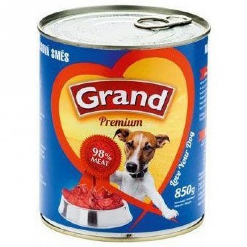 Konzervy pro psy Grand Premium směs 850 g, 98% masová směs, drůbeží maso a vedlejší jatečné produkty