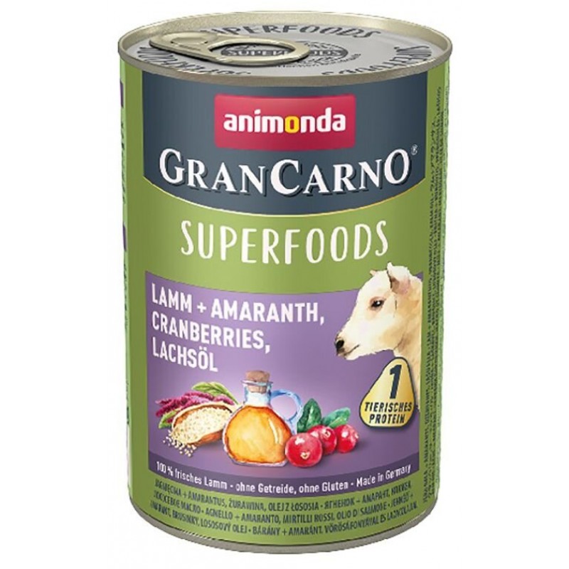 Konzervy pro psy GRANCARNO Superfoods 400 g, jehněčí, amarant, brusinky, pochoutkové krmivo pro psy