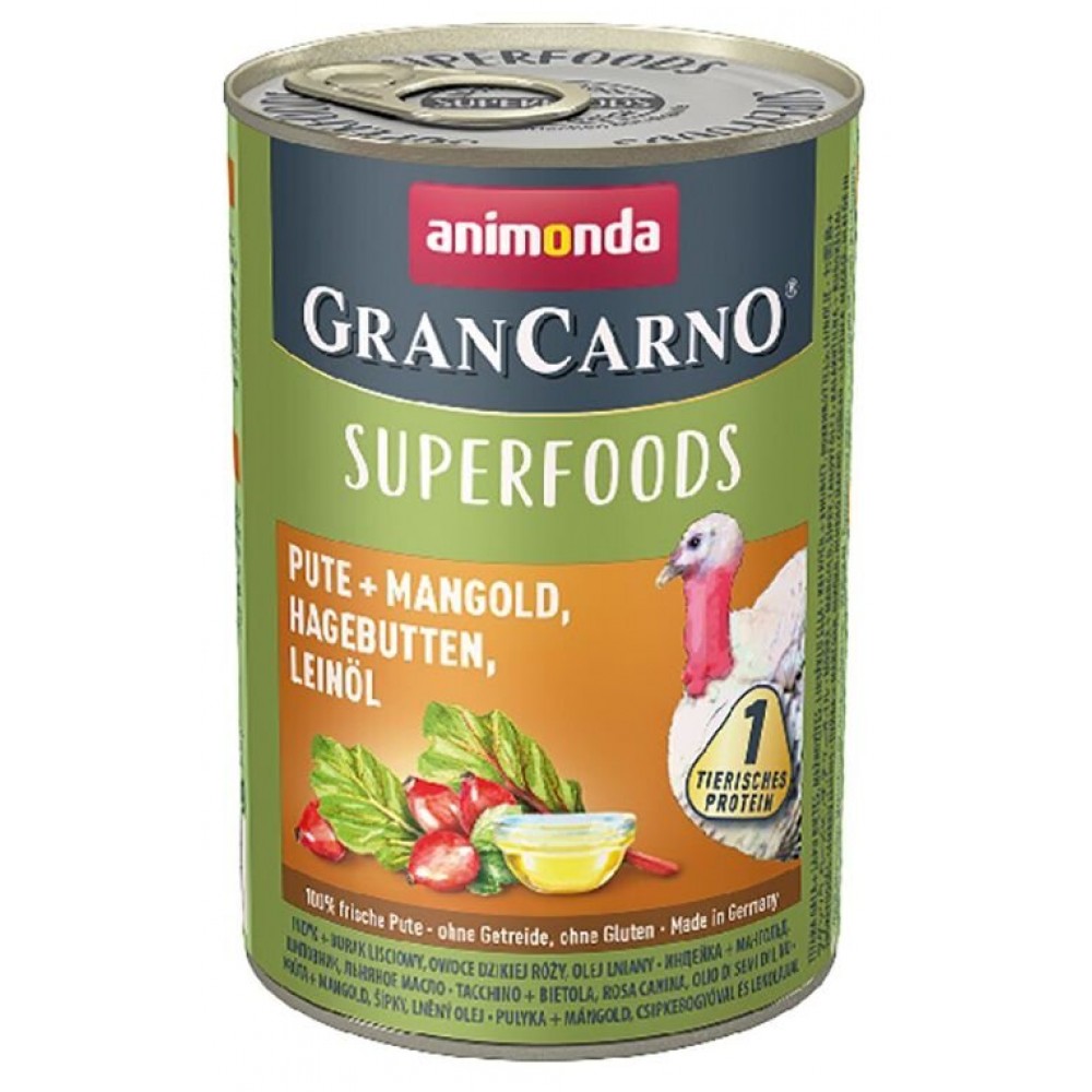 Konzervy pro psy GRANCARNO Superfoods 400 g, krůta, mangold, šípky, pochoutkové krmivo pro psy