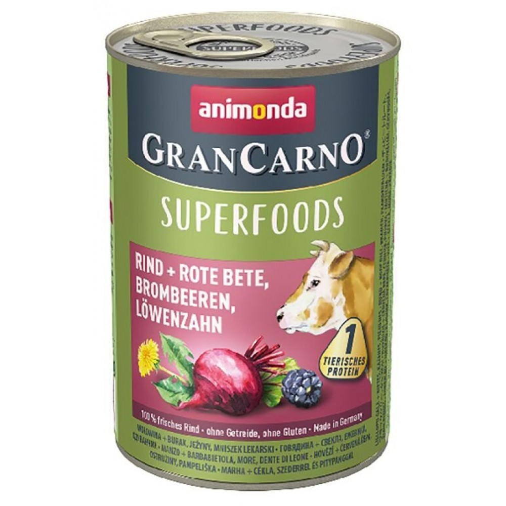 Konzervy pro psy GRANCARNO Superfoods 400 g, hovězí, červená řepa, ostružiny, pampeliška, krmivo pro psy