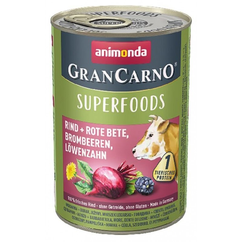 Konzervy pro psy GRANCARNO Superfoods 400 g, hovězí, červená řepa, ostružiny, pampeliška, krmivo pro psy