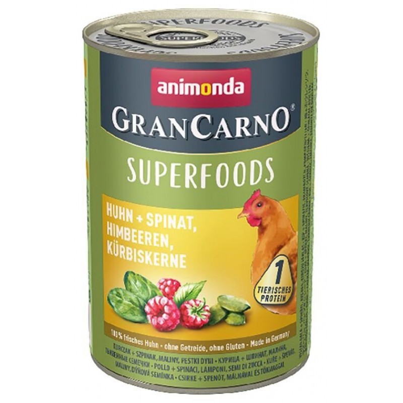 Konzervy pro psy GRANCARNO Superfoods 400 g, kuře, špenát, maliny, dýňová semínka, krmivo pro psy