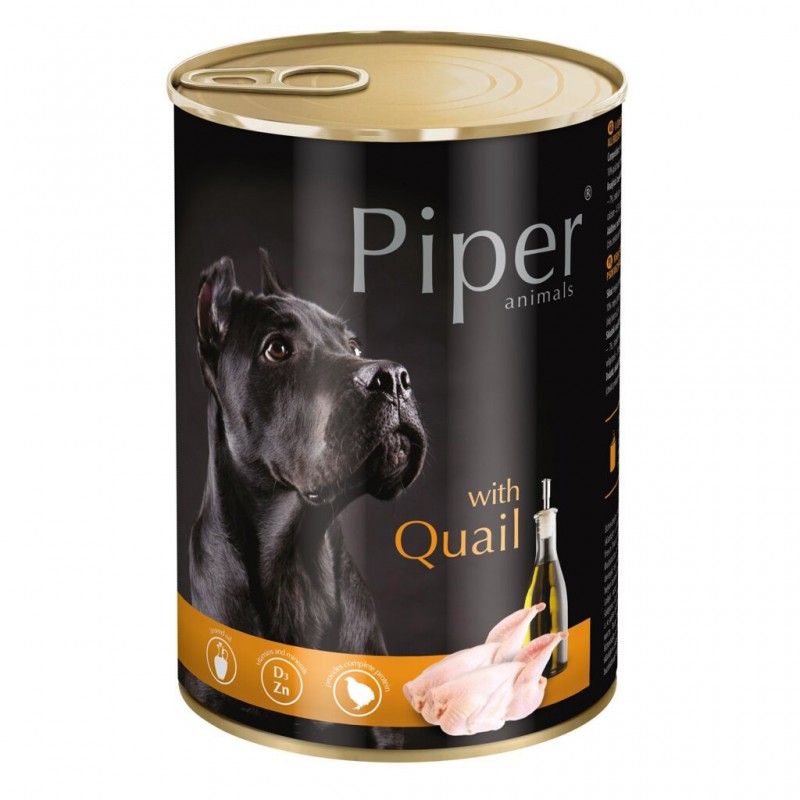 Konzervy pro psy PIPER s křepelkou, konzerva pro psy 400 g, maso a produkty živočišného původu 60 %