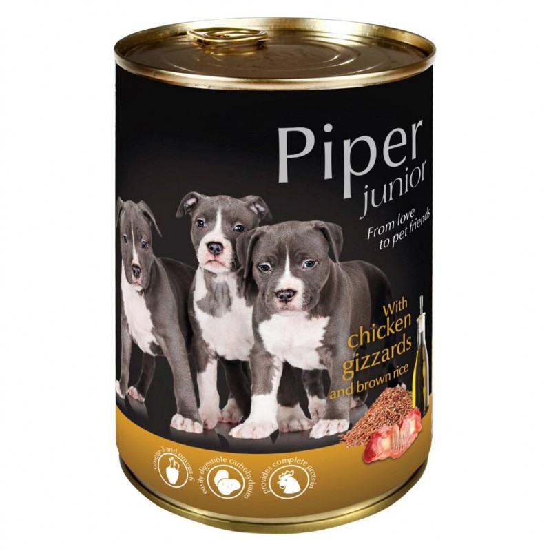 Konzervy pro psy PIPER JUNIOR s kuřecími žaludky a hnědou rýží, 400 g, maso a produkty živočišného původu 60 %