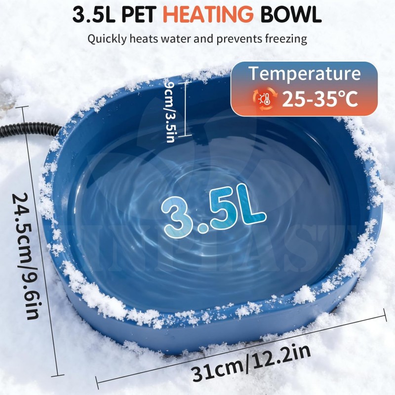 Vyhřívaná miska pro psy a jiná zvířata 3,5 l, regulace teploty 25–35 °C, bez BPA, 2m ocelový kabel, zabraňuje zamrznutí vody