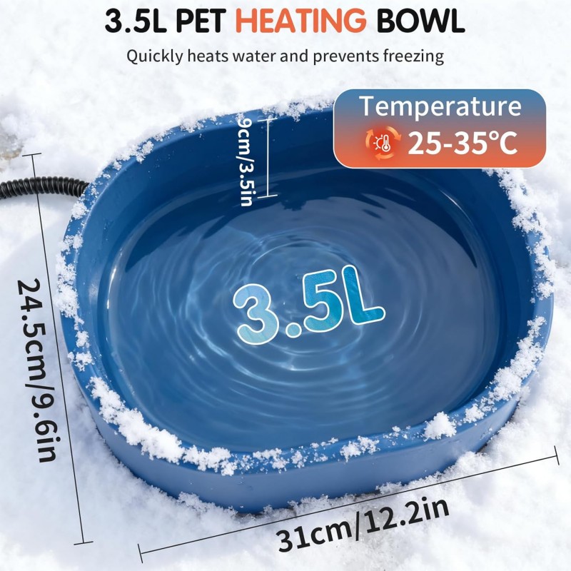 Vyhřívaná miska pro psy a jiná zvířata 3,5 l, regulace teploty 25–35 °C, bez BPA, 2m ocelový kabel, zabraňuje zamrznutí vody