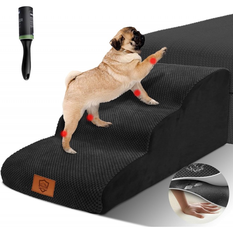 Schůdky pro psy 3stupňové, schody pro domácí zvířata, pratelný potah, protiskluzové dno, 60 x 40 cm, černé