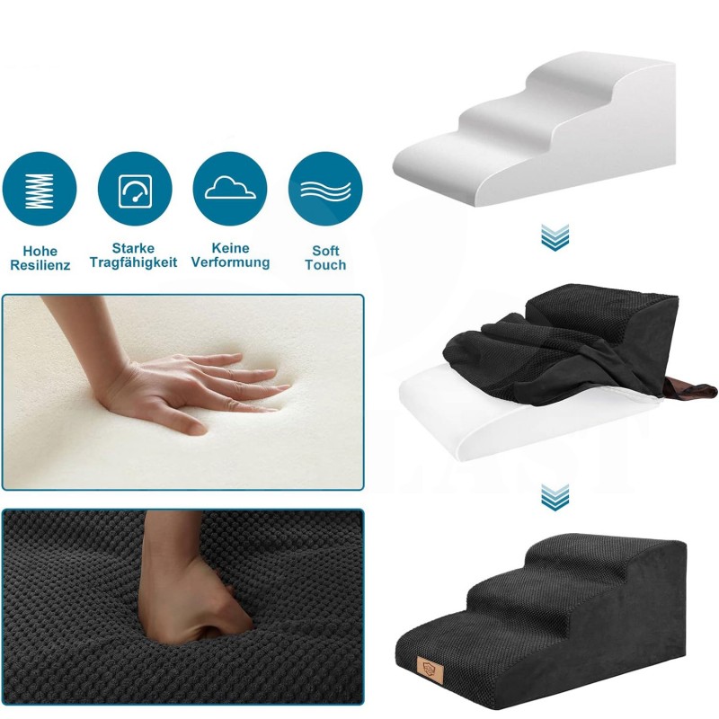 Schůdky pro psy 3stupňové, schody pro domácí zvířata, pratelný potah, protiskluzové dno, 60 x 40 cm, černé