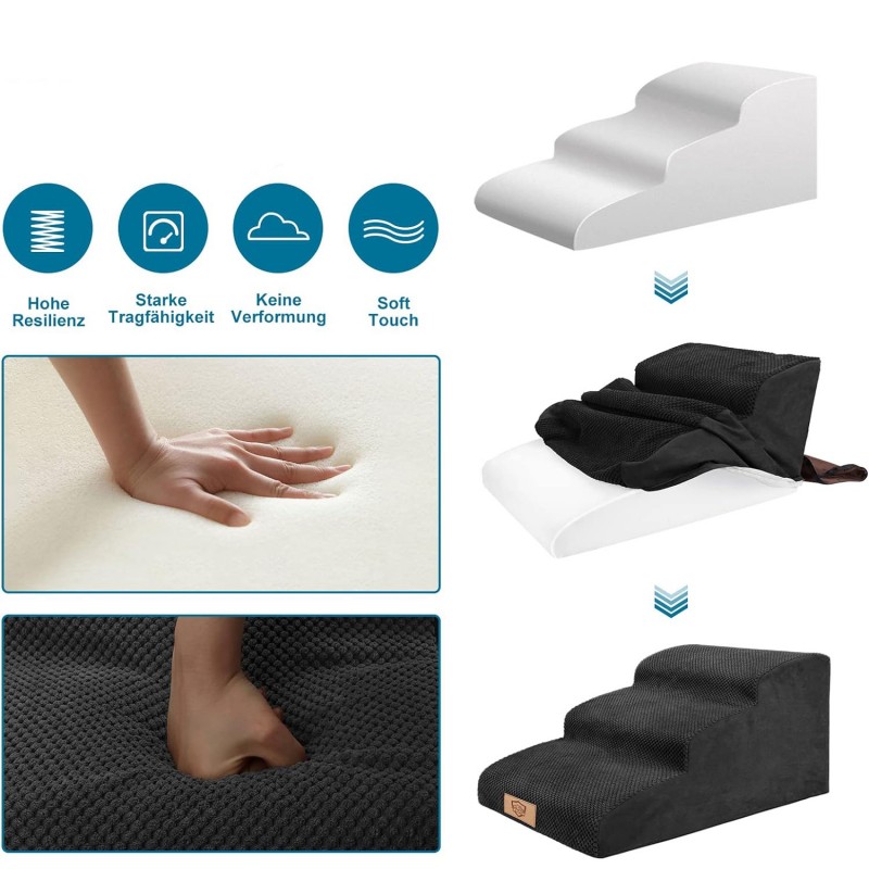 Schůdky pro psy 3stupňové, schody pro domácí zvířata, pratelný potah, protiskluzové dno, 60 x 40 cm, černé