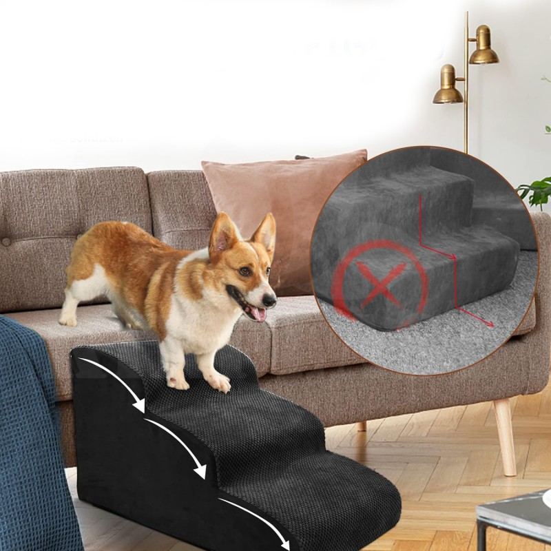 Schůdky pro psy 3stupňové, schody pro domácí zvířata, pratelný potah, protiskluzové dno, 60 x 40 cm, černé