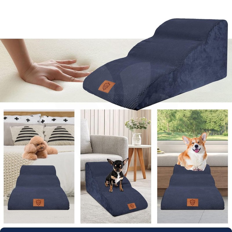 Schůdky pro psy 3stupňové, schody pro domácí zvířata, pratelný potah, protiskluzové dno, 60 x 40 cm, modré