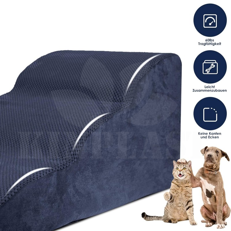 Schůdky pro psy 3stupňové, schody pro domácí zvířata, pratelný potah, protiskluzové dno, 60 x 40 cm, modré