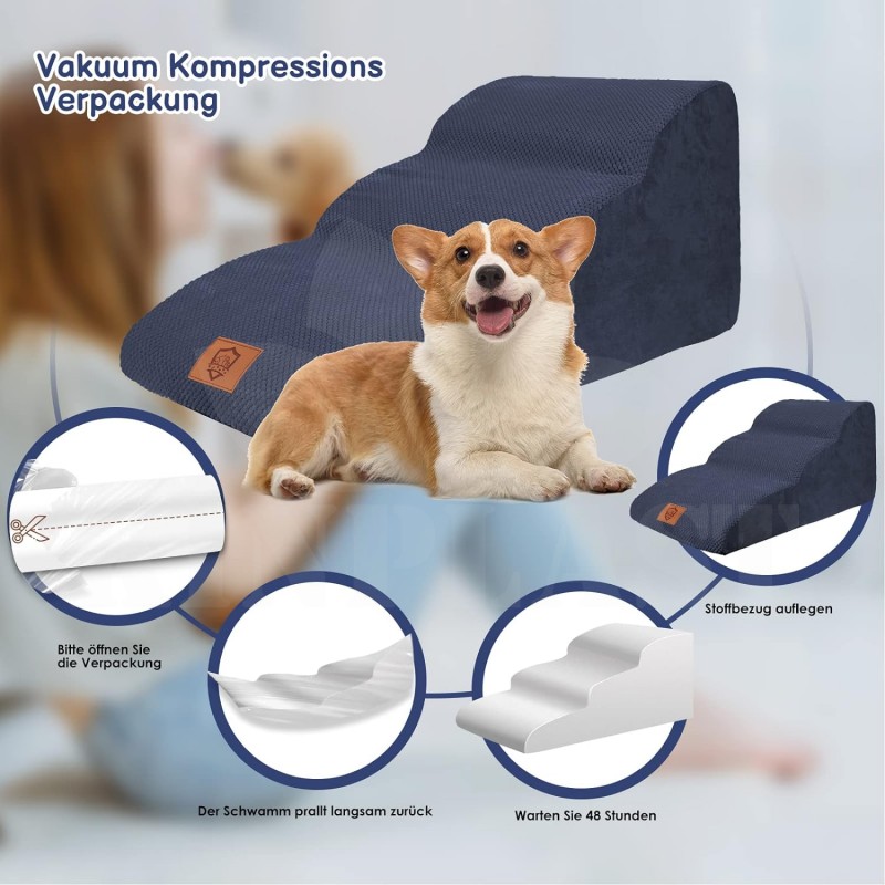 Schůdky pro psy 3stupňové, schody pro domácí zvířata, pratelný potah, protiskluzové dno, 60 x 40 cm, modré