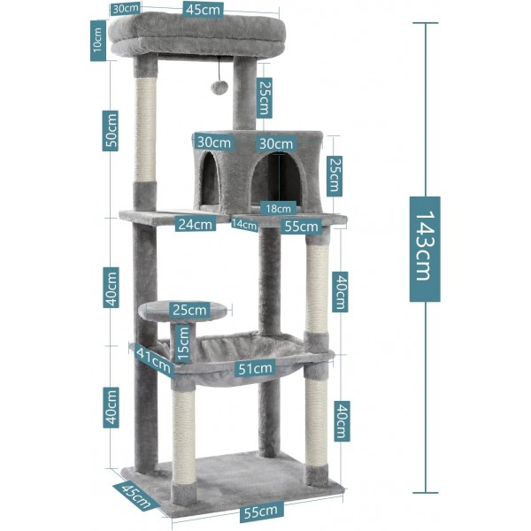 Škrabadlo, kočičí luxusní strom, Activity Center, velká věž pro kočky s domečkem pro kočky, šedá 143 cm 
