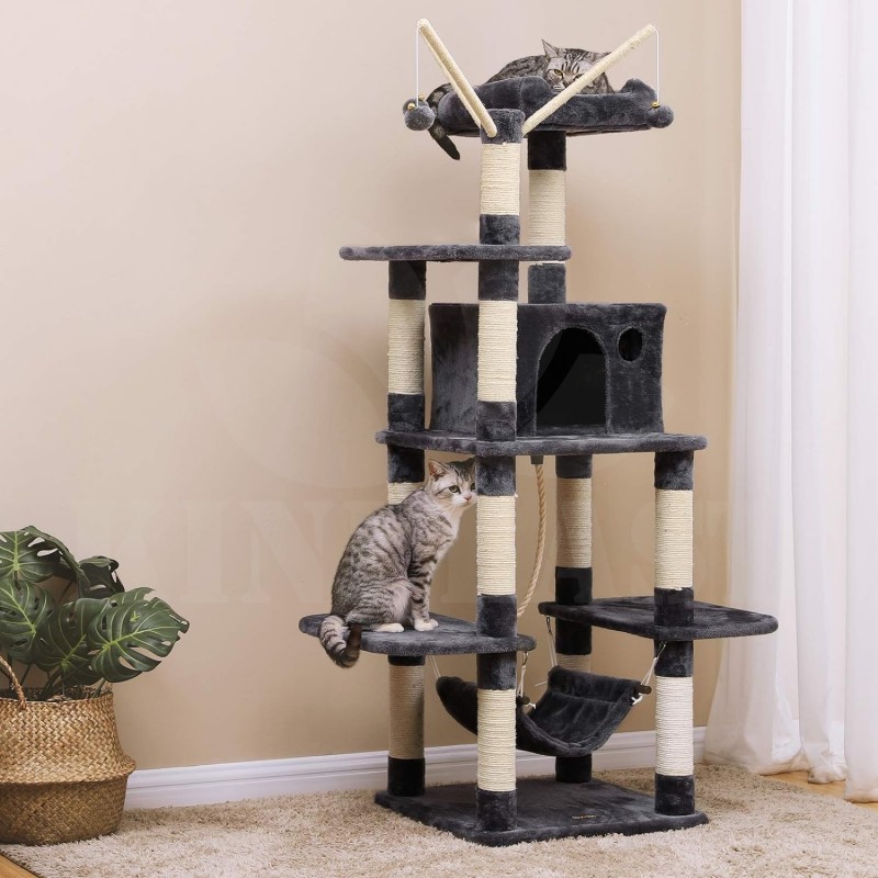 Škrabadlo, kočičí luxusní strom, Feandrea XXL, velká věž pro kočky s domečkem pro kočky, kouřová 154 cm 