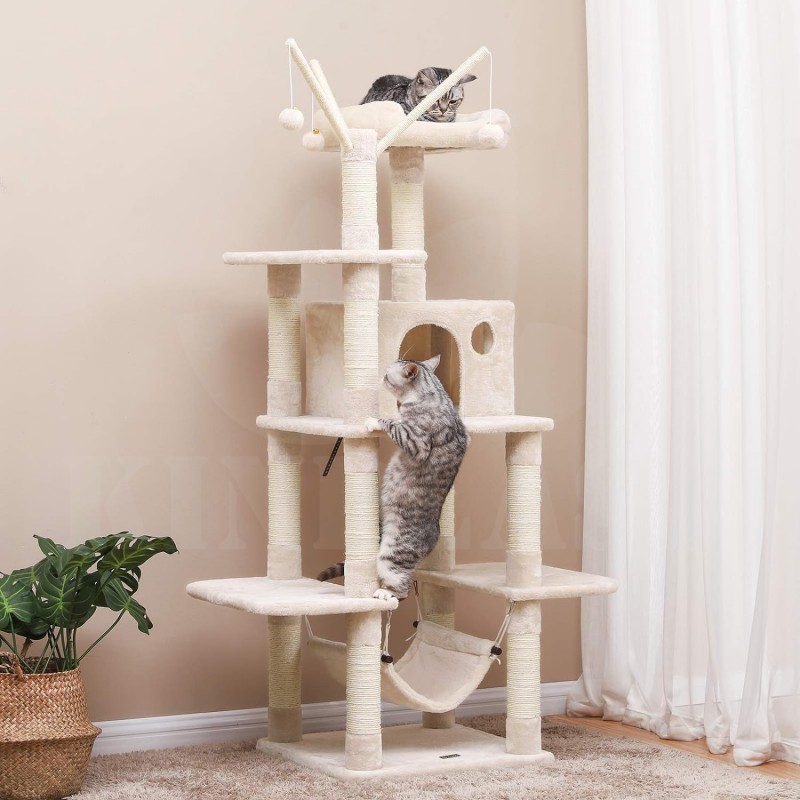 Škrabadlo, kočičí luxusní strom, Feandrea XXL, velká věž pro kočky s domečkem pro kočky, béžová 154 cm 