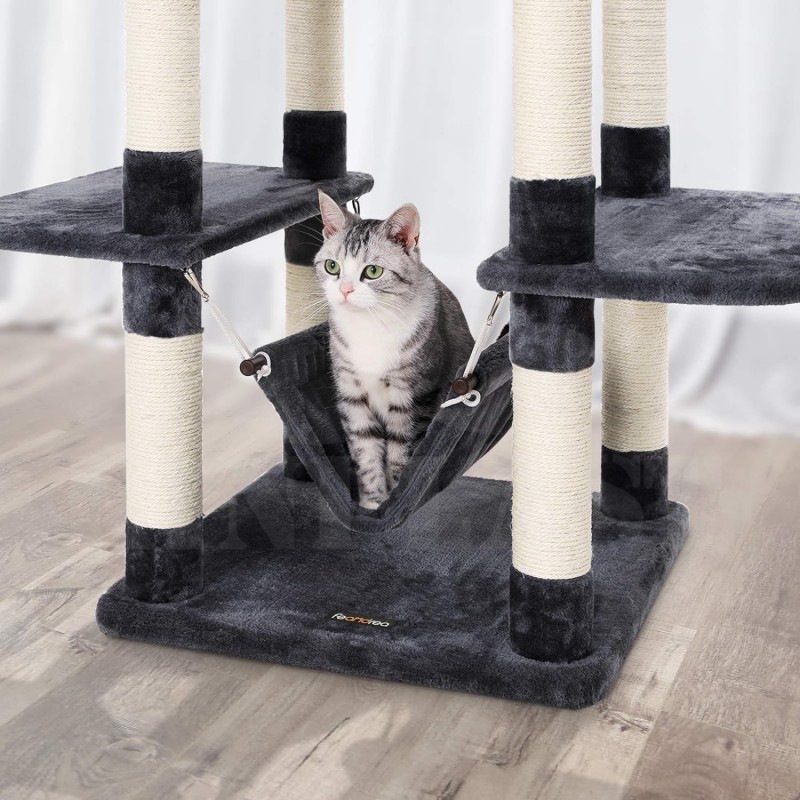 Škrabadlo, kočičí luxusní strom, Feandrea XXL, velká věž pro kočky s domečkem pro kočky, kouřová 154 cm 