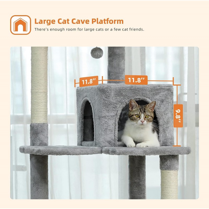 Škrabadlo, kočičí luxusní strom, Activity Center, velká věž pro kočky s domečkem pro kočky, šedá 143 cm 