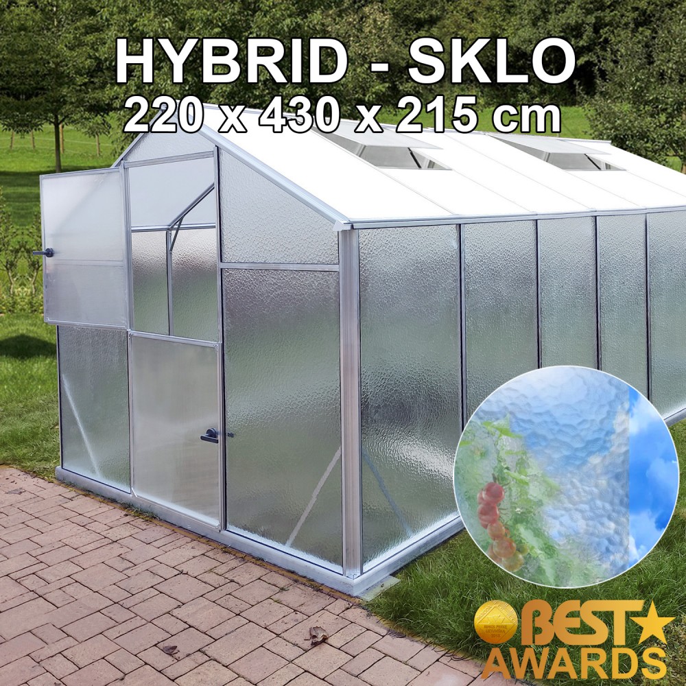 Skleník KINPLAST HYBRID L-10, 220 x 430 cm, rozptylové sklo 4 mm + 6 mm polykarbonát