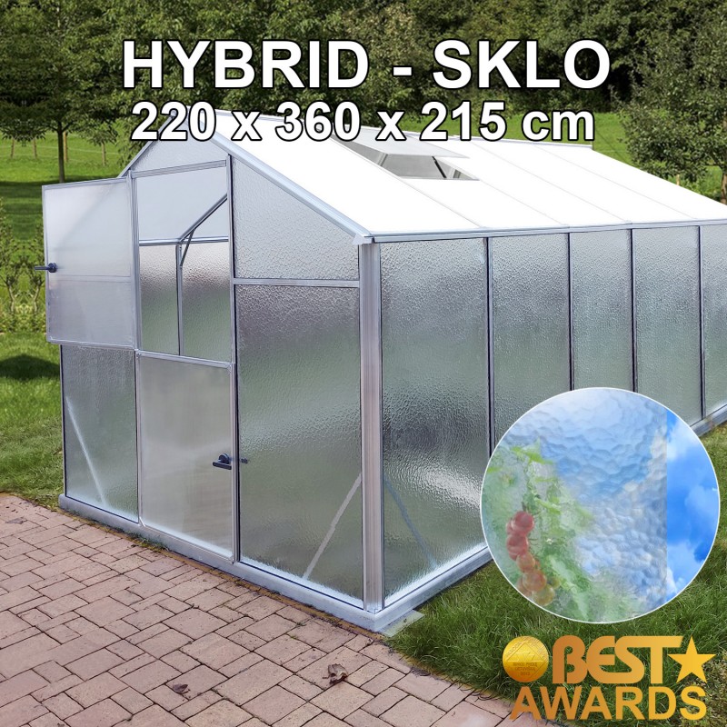 Skleník KINPLAST HYBRID L-08, 220 x 360 cm, rozptylové sklo 4 mm + 6 mm polykarbonát