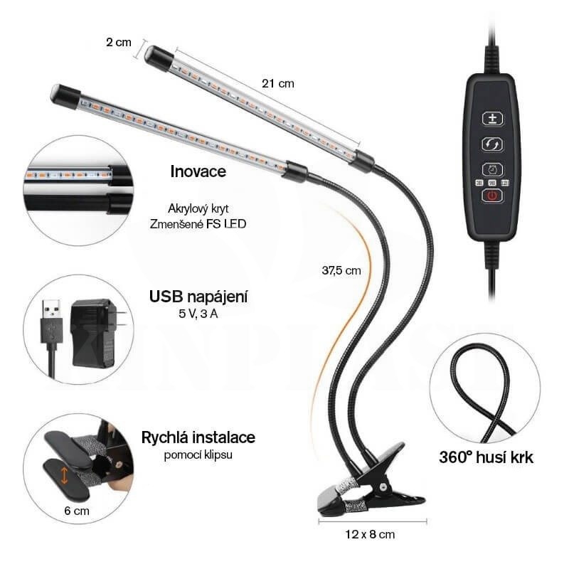 Growlight lampa na rostliny dvojitá, 18 LED s klipsem 