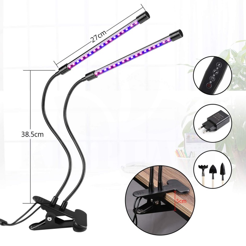 Growlight lampa na rostliny dvojitá, 18 LED s klipsem 