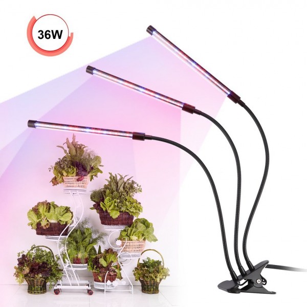 Growlight lampa na rostliny trojitá, 36W LED s klipsem 