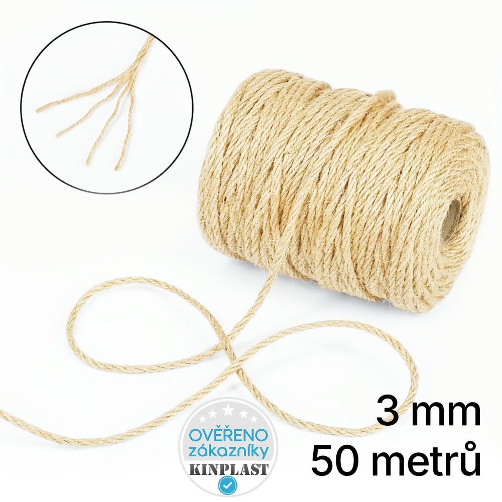 Zahradní šňůra jutová, 50 metrů, 3 mm, 4 prameny, odolná hladká juta, ideální pro vyvazování rostlin a univerzální použití