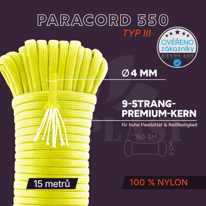 Zahradní šňůra Paracord 550, 15 metrů, 4 mm, 9 pramenů, nylon & polyester, ideální pro na vyvazování rostlin a univerzální použití