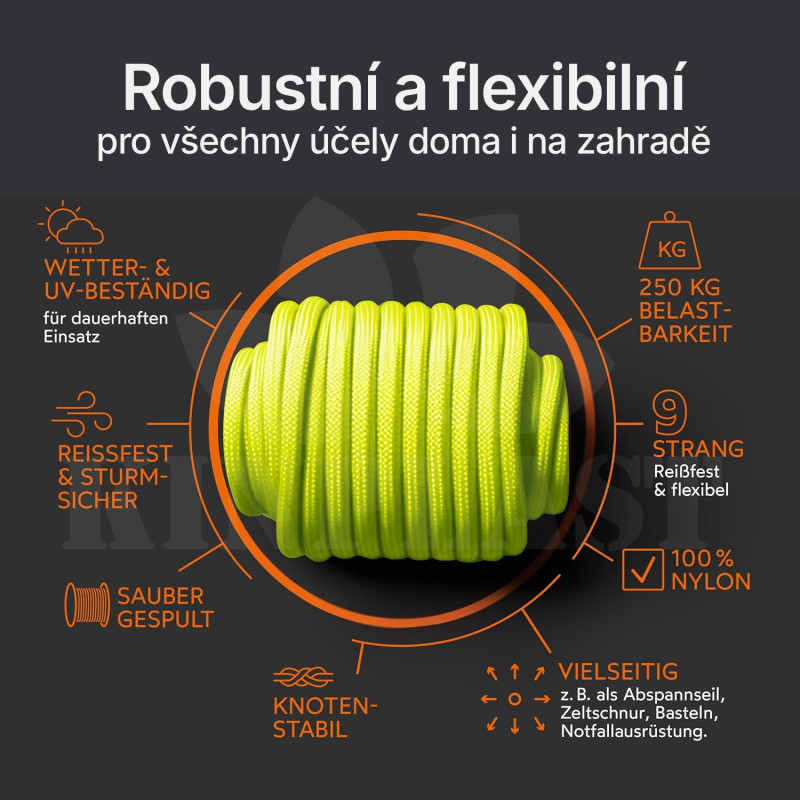 Zahradní šňůra Paracord 550, 15 metrů, 4 mm, 9 pramenů, nylon & polyester, ideální pro na vyvazování rostlin a univerzální použití