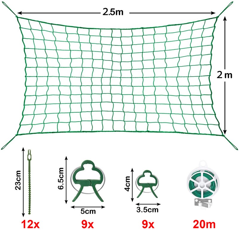 Skleníková síť 2,5 x 2 m na rostliny + příslušenství, extrapevná síť s jednotlivou mřížkou velikosti 10 × 10 cm