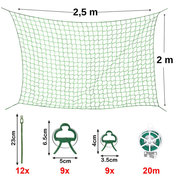 Skleníková síť 2 x 2,5 m na popínavé rostliny + vázací příslušenství, extra pevná síť s mřížkou velikosti 10 × 10 cm