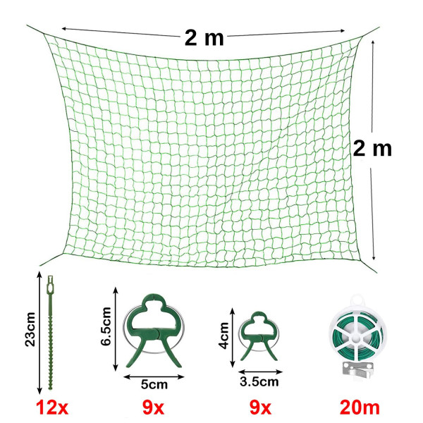 Skleníková síť 2 x 2 m na popínavé rostliny + vázací příslušenství, extra pevná síť s mřížkou velikosti 10 × 10 cm
