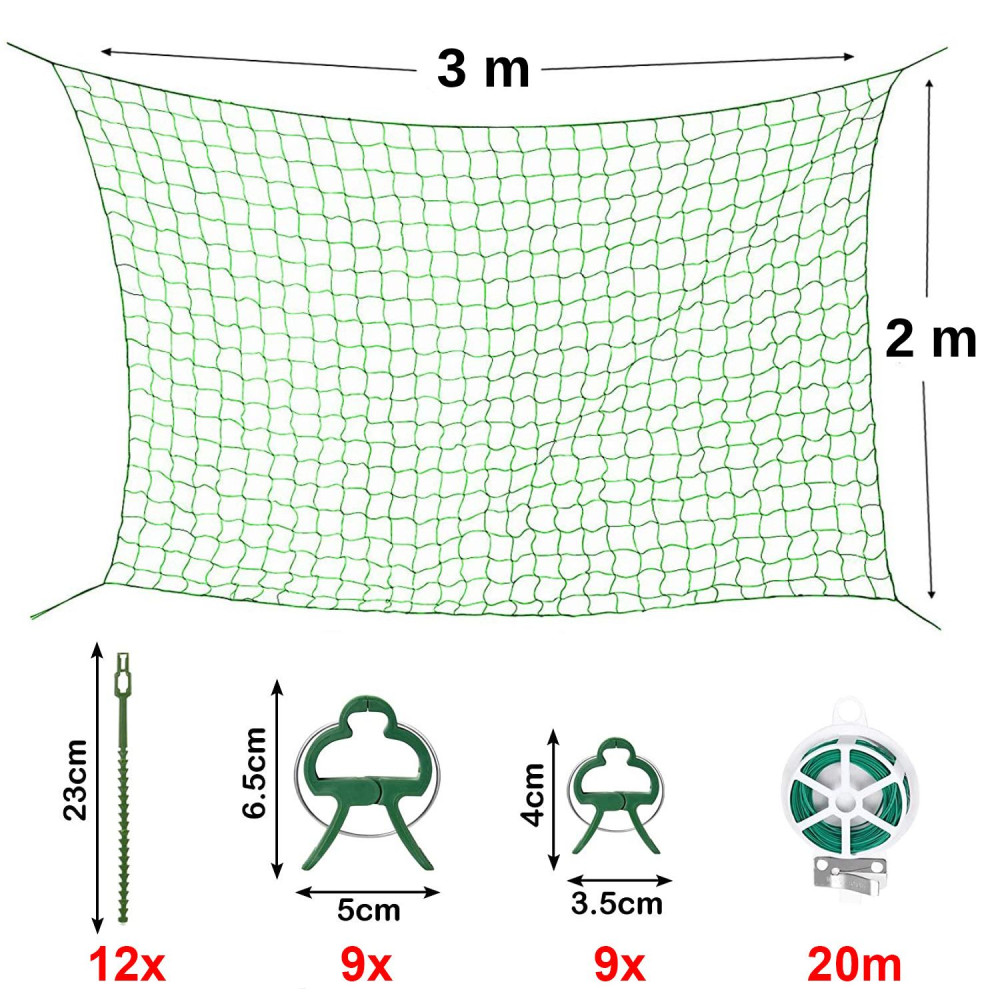 Skleníková síť 2 x 3 m na popínavé rostliny + vázací příslušenství, extra pevná síť s mřížkou velikosti 10 × 10 cm