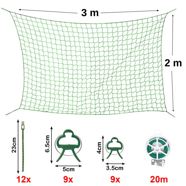 Skleníková síť 2 x 3 m na popínavé rostliny + vázací příslušenství, extra pevná síť s mřížkou velikosti 10 × 10 cm