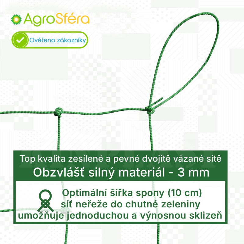 Skleníková zahradní síť 2 x 2 m na okurky a rajčata, oka 10 x 10 cm, pevná a kvalitní zesílená síť, dvojitě vázaná síť co vydrží